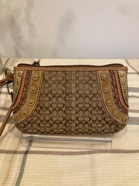 Coach Brown Signature Canvas Wristlet with Stud & Leather Trim
